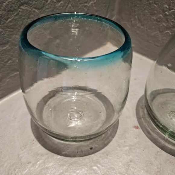 Stemless Wine Glasses Set of 2 with Blue Rim 4.5" x 3.5" - Picture 3 of 6